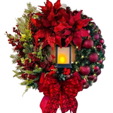 45cm Golden Christmas Wreath with Lights Red Ball & Flower