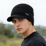 Unisex Winter Beanie Hat with Brim – Thick Fleece-Lined Knitted Warm Cap