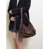 NNEOBA Vintage Suede Double Pocket Shoulder Bag