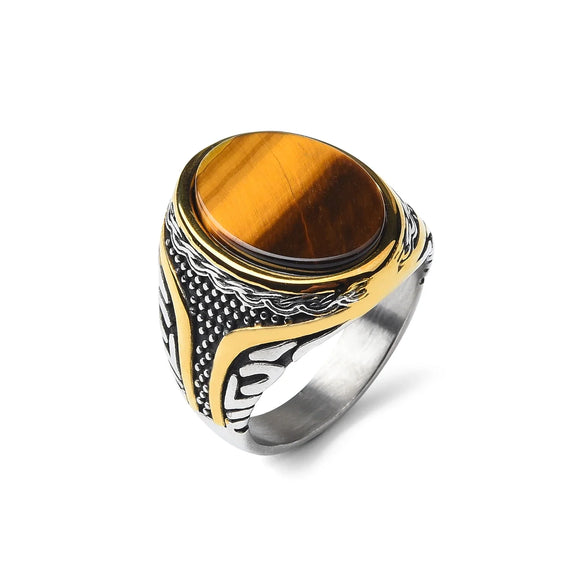 NNEOBA Stainless Steel Gemstone Rings for Men and Women (Tigerite)