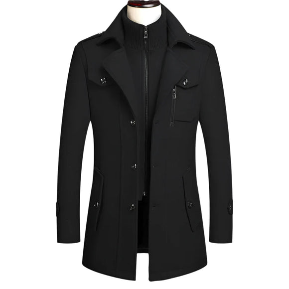 NNEOBA Men's Double Collar Wool Business Coat Winter (Black)