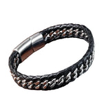 Men's Braided Black Leather Bracelet with Stainless Steel Bangle