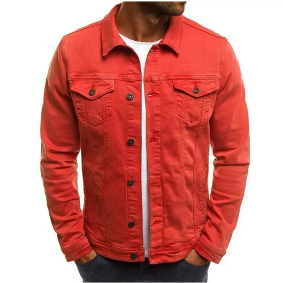 NNEOBA Mens Denim Streetwear Jacket Cotton Casual Slim Fit (Red)