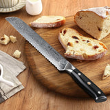 NNEOBA 8-Inch Damascus Steel Bread Knife Serrated VG10 Core Blade Black