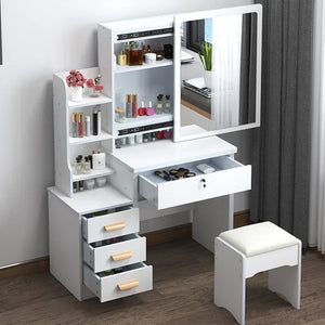 NNEOBA Elegance in Simplicity: White Dressing Table Set with Sliding Mirror & Ample Storage