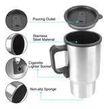 NNEOBA 12V Electric Heating Car Kettle 450mL Stainless Steel Thermal Mug Silver