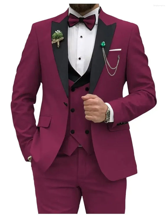 NNEOBA Men's Slim Fit 3-Piece Suit Formal Set (Maroon)