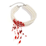 Layered Gothic Blood Pattern Imitation Pearl & Crystal Bead Tassel Necklace