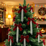 6PCS Pearl Flocking Christmas Bow Ornaments