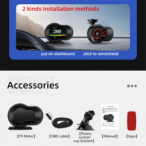 NNEOBA OBD2 Car HUD F9 Digital Head Up Display with Smart Alarm Black