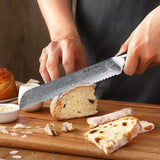 NNEOBA 8-Inch Damascus Steel Bread Knife Serrated VG10 Core Blade Black