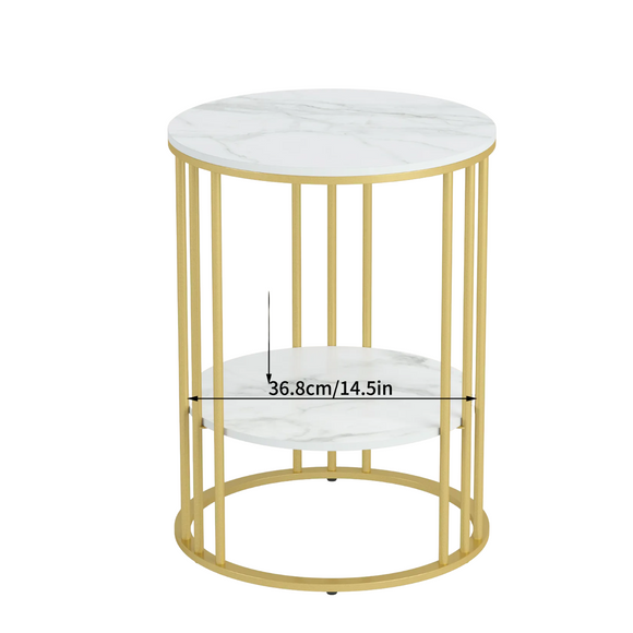 NNEOBA Round Marble Accent Table - Gold Frame, 2-Tier Nightstand