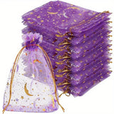 50PCS Purple Organza Drawstring Gift Bags with Moon Star Patterns