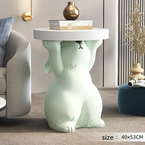 NNEOBA Artistic Rabbit Statue Tea Table - Light Green Round Side Table for Home Decor
