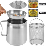 NNEOBA 2L Stainless Steel Oil Filter Pot with Fine Mesh Strainer And Fry Basket Silver