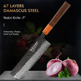 NNEOBA 7-Inch Hand-Forged Japanese Nakiri Knife 67-Layer Damascus Steel Brown