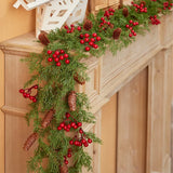 NNEOBA Handcrafted 2M Christmas Pine Vine Garland with Red Berries Rattan