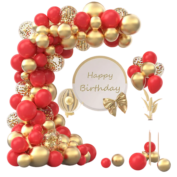 NNEOBA Red & Gold Balloon Arch Garland Kit with Metallic Gold Confetti Balloons