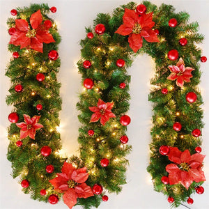 NNEOBA 9ft Christmas LED Garland Wreath with Holly, Baubles, and Glitter Finish - Red