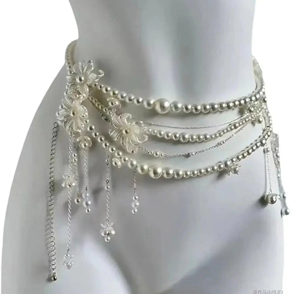 NNEOBA Retro Multilayer Pearl Waist Chain Belt Women (B)