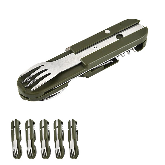 NNEOBA 7-in-1 Folding Camping Cutlery Set with Storage Bag Green