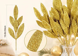 10Pcs Gold Glitter Christmas Leaves – 34 cm Artificial Branch Picks
