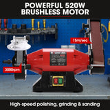 NNEMB Bench Grinder Sander and Polisher Combo, 150mm Grinding Wheel, 50mm Linisher, 520W Brushless Motor, w/ Wire and Buffing Wheels