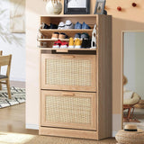 NNEED Shoe Cabinet 3 Compartment with Rows Rattan Doors
