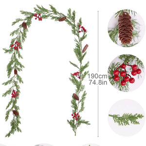NNEOBA Handcrafted 2M Christmas Pine Vine Garland with Red Berries Rattan