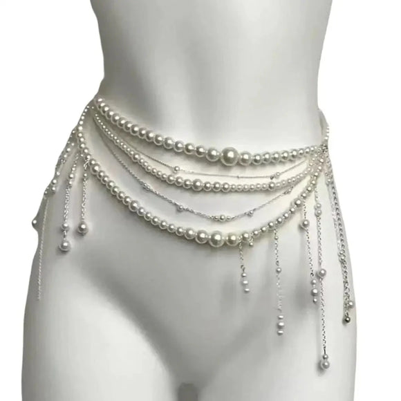 NNEOBA Retro Multilayer Pearl Waist Chain Belt Women (A)