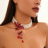 Layered Gothic Blood Pattern Imitation Pearl & Crystal Bead Tassel Necklace