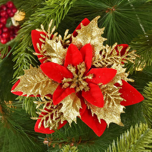 NNEOBA 10Pcs 14cm Glitter Artificial Christmas Flowers - Red Gold Xmas Tree Ornaments