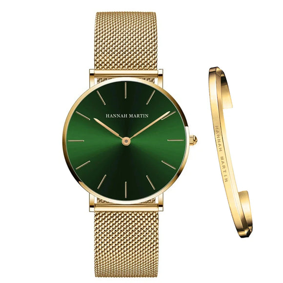 NNEOBA Women's Mesh Bracelet Watch Set (Green Gold)