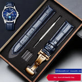 24mm Genuine Leather Watch Strap – Blue Cowhide Replacement Band with Gift Box