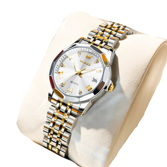 NNEOBA Womens Stainless Steel Quartz Watch Waterproof (Gold White)