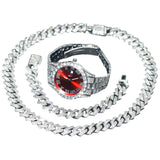 NNEOBA 3pcs Mens Silver Watch Cuban Chain Bracelet Set (Red)