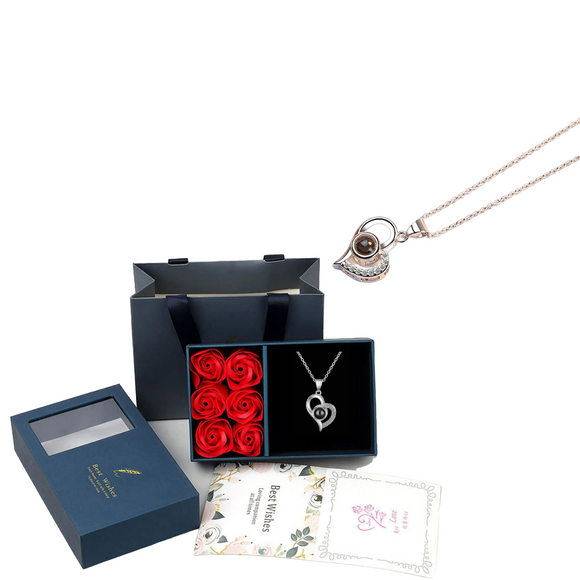 NNEOBA Multilingual 'I Love You' Necklace with 6 Roses in Luxury Gift Box - Silver (45cm)