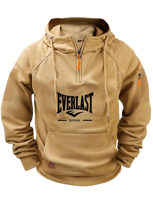 NNEOBA Men's Zipper Hoodie with Pockets and Print (Khaki)