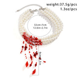 Layered Gothic Blood Pattern Imitation Pearl & Crystal Bead Tassel Necklace