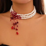Layered Gothic Blood Pattern Imitation Pearl & Crystal Bead Tassel Necklace