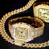NNEOBA 3pcs Men's Watch Set Square Watch Cuban Chain Bracelet (Gold)