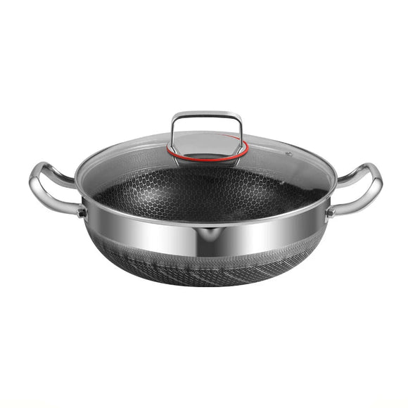 NNEOBA 28cm Non-Stick Frying Pan with Honeycomb Bottom Glass Lid Silver