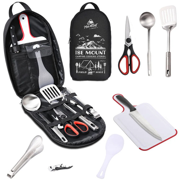 NNEOBA Portable Stainless Steel Camping Utensils Set - 9 Piece Cookware Kit in Black