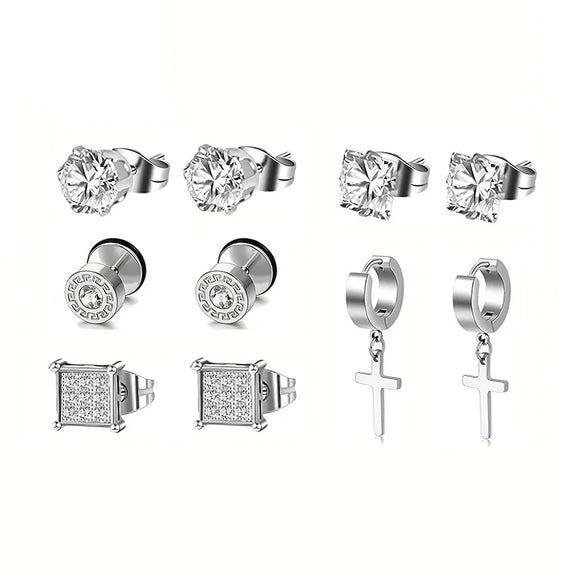 NNEOBA Earrings Stainless Steel 5 Pairs Set for Men (Steel)