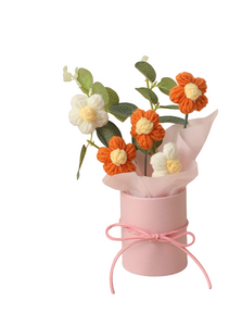 NNESN Vibrant Hand-Knitted Orange Woolen Flower Bouquet Set - 5 Yarn Flowers in Stylish Bucket & Handbag