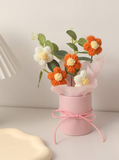 NNESN Vibrant Hand-Knitted Orange Woolen Flower Bouquet Set - 5 Yarn Flowers in Stylish Bucket & Handbag