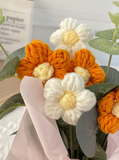 NNESN Vibrant Hand-Knitted Orange Woolen Flower Bouquet Set - 5 Yarn Flowers in Stylish Bucket & Handbag