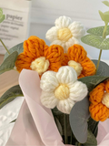 NNESN Vibrant Hand-Knitted Orange Woolen Flower Bouquet Set - 5 Yarn Flowers in Stylish Bucket & Handbag
