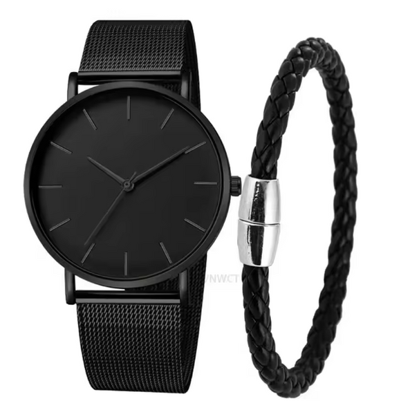 NNEOBA Men’s Ultra Thin Magnetic Bracelet Quartz Watch - All-Black Slim Mesh Steel