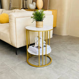 NNEOBA Round Marble Accent Table - Gold Frame, 2-Tier Nightstand